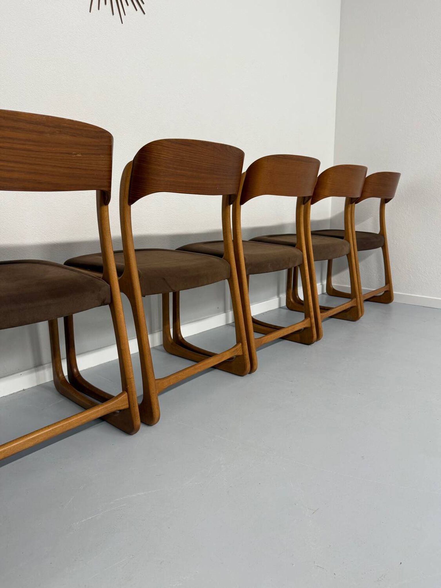 Set of 6 Baumann sleigh chairs in wood and brown fabric, original 1960s