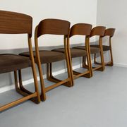 Set of 6 Baumann sleigh chairs in wood and brown fabric, original 1960s