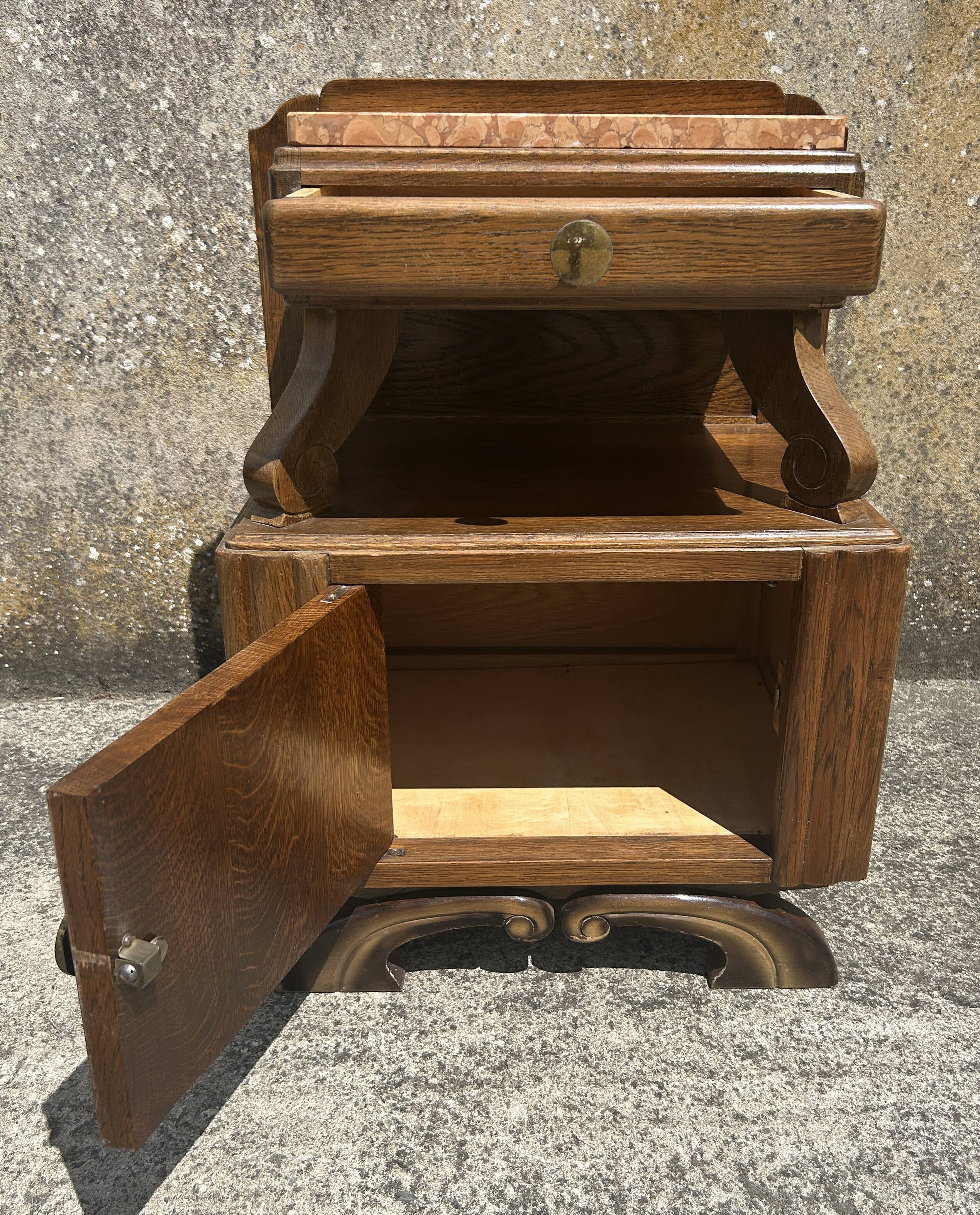 Pair of bedside tables, 1930s, 1940s, solid wood and marble