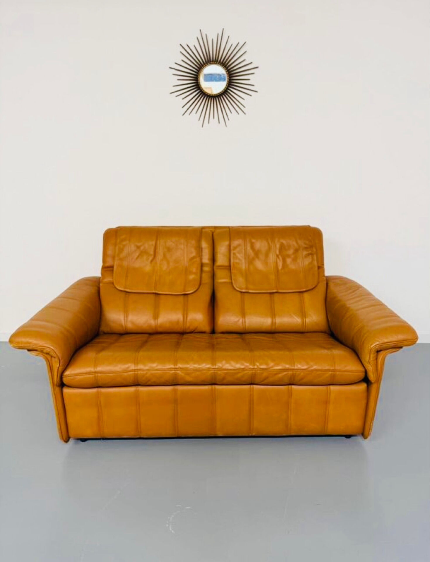 Vintage 70s thick cognac leather 2-seater sofa by De Sede.
