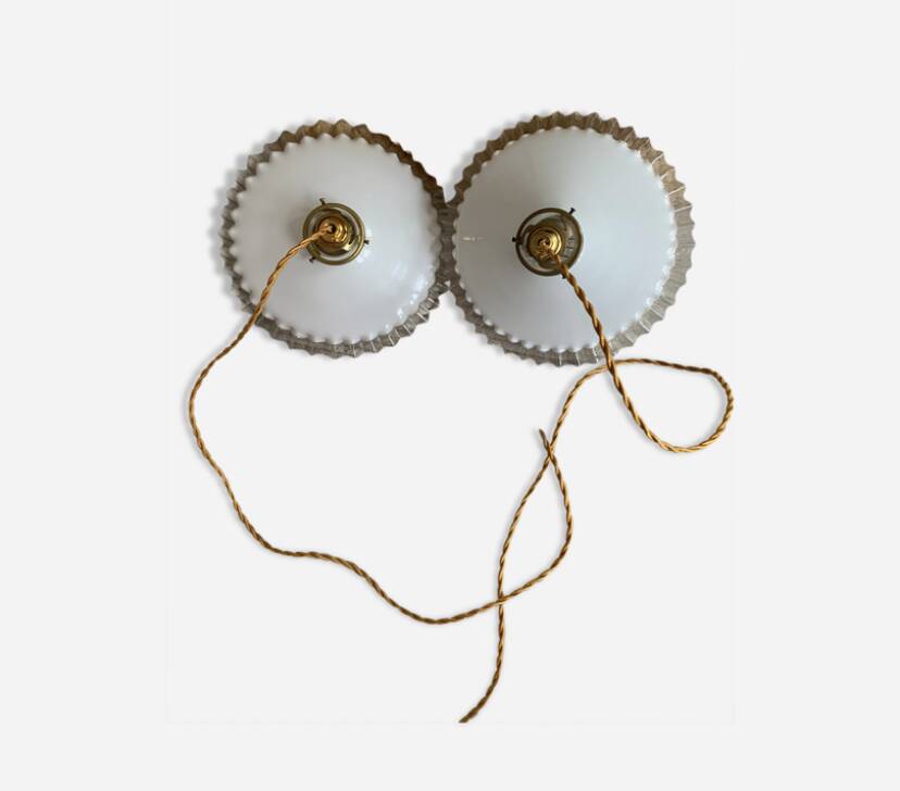 Old pairs of vintage white opaline pendant lights