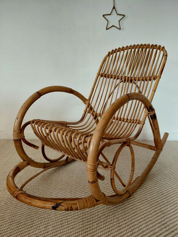 Fauteuil à bascule (Rocking-chair) en rotin naturel-Vintage 1960/70