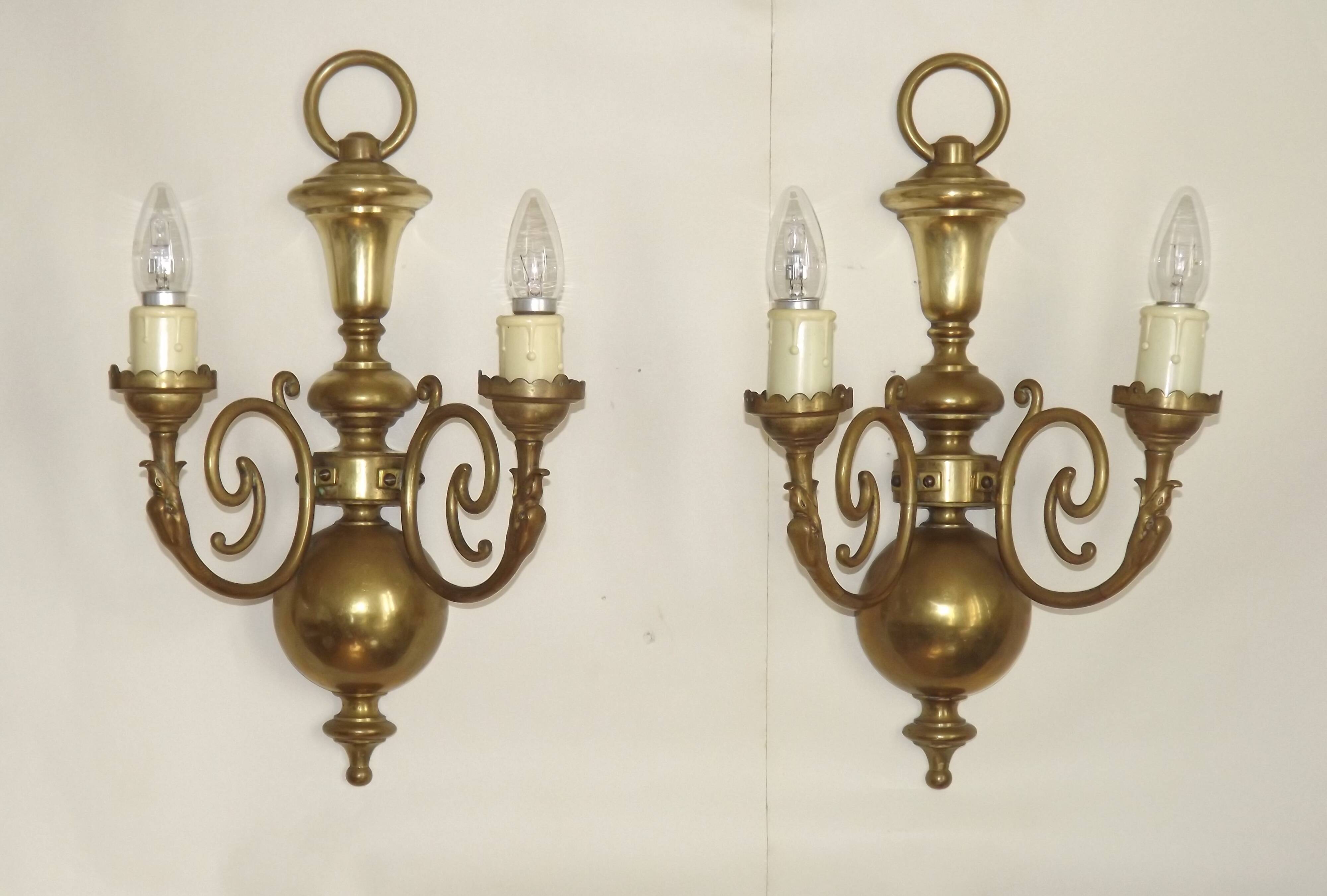 Large Pair of French Vintage Brass Empire Wall Lights with Swan Detail and Glass Shades 4884
