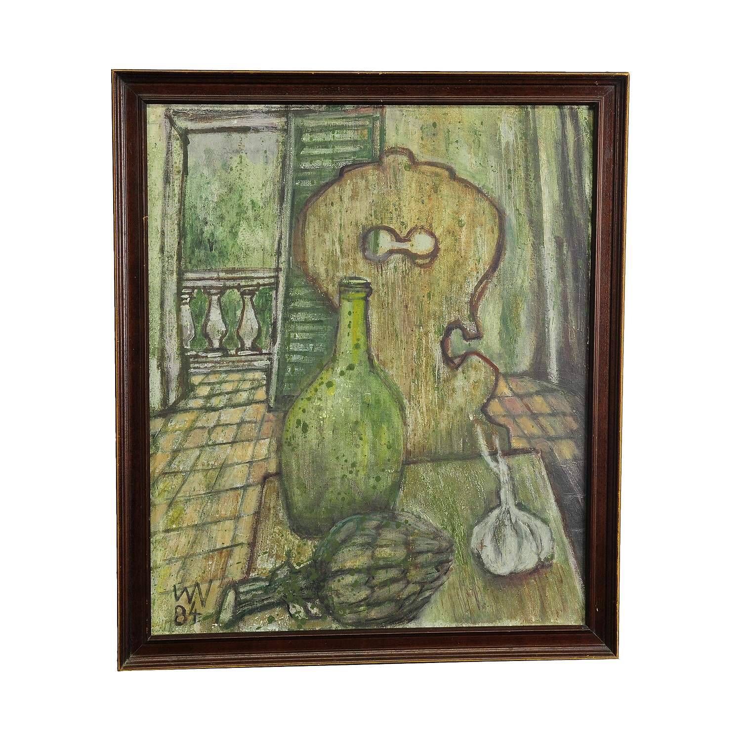 Impressionist oil painting of a still life with a view of the kitchen.