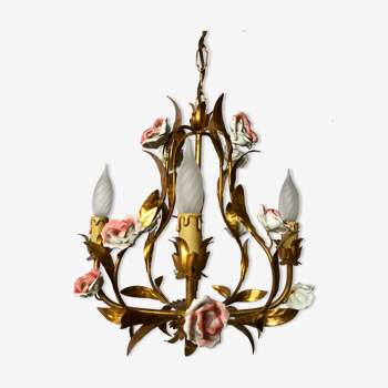 Golden cage chandelier with porcelain flowers