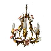 Golden cage chandelier with porcelain flowers
