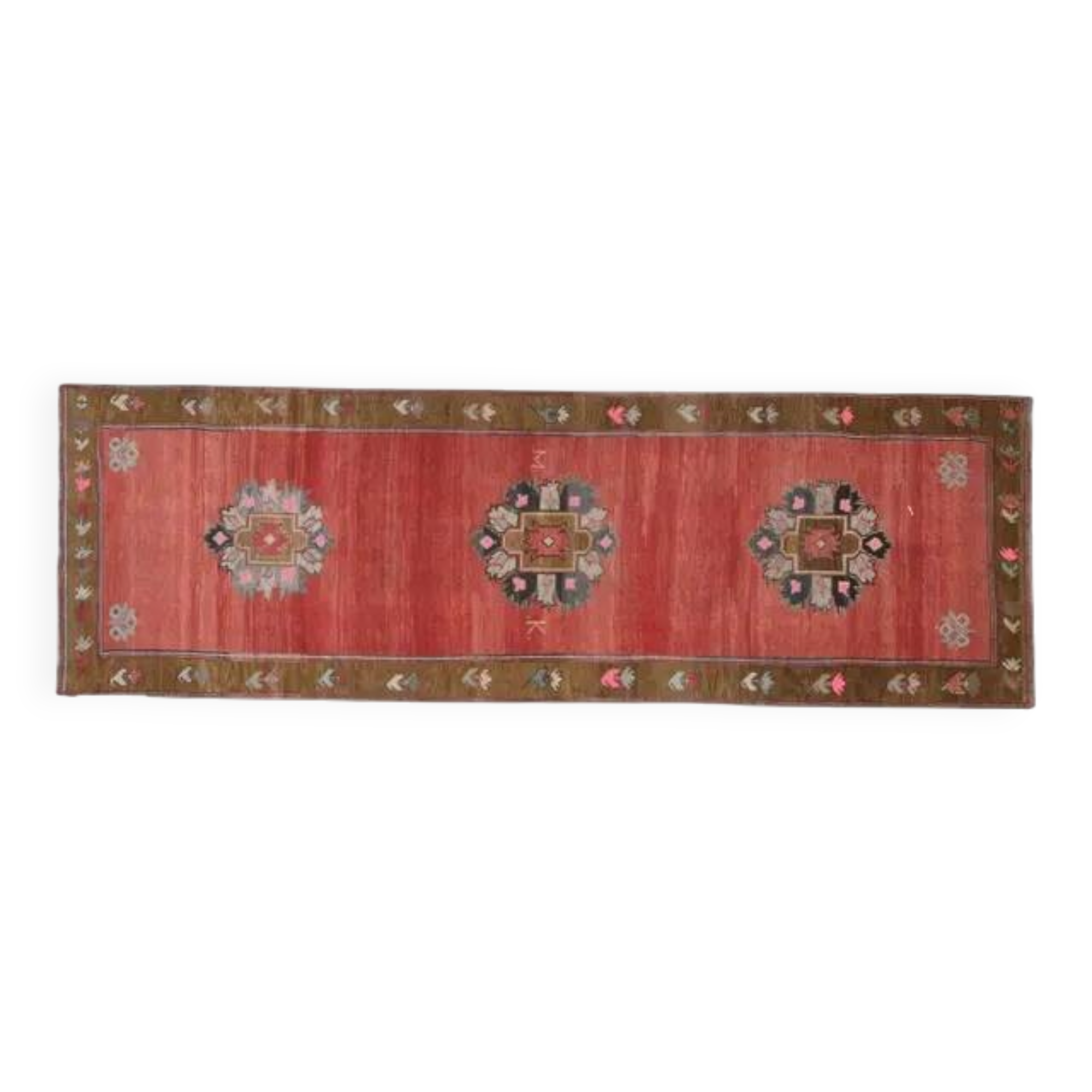 Handmade Turkish Vintage Oushak Runner Rug Pink Green Runner 105x327
