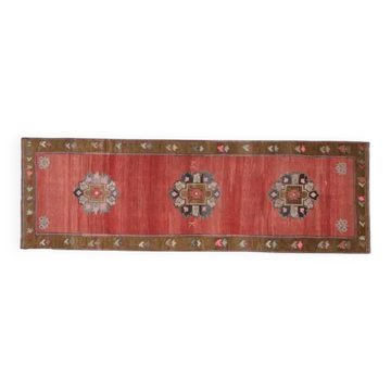 Handmade Turkish Vintage Oushak Runner Rug Pink Green Runner 105x327