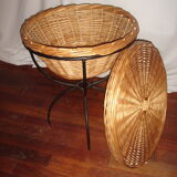 Rattan basket, wicker on foot tripod metal