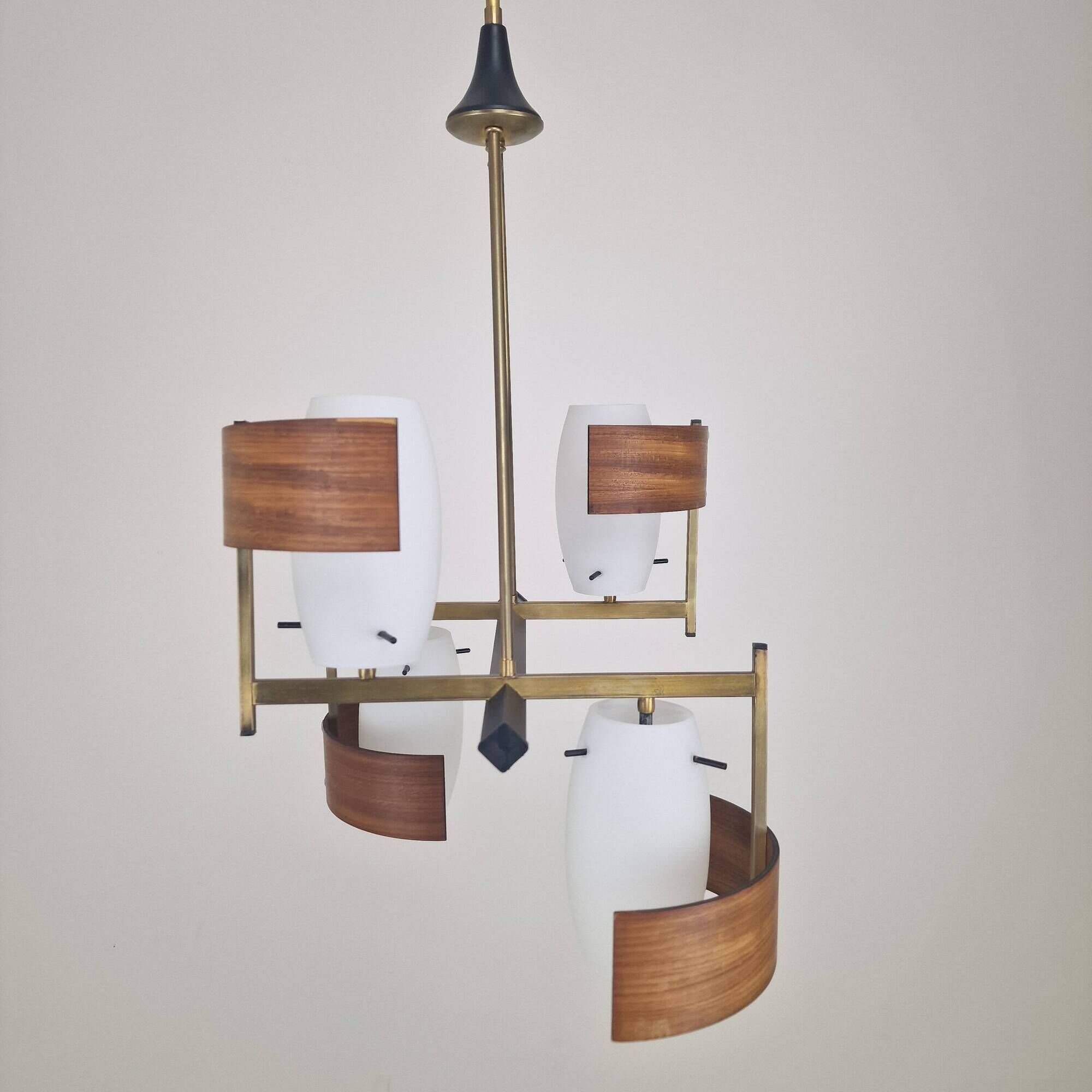 Italian Brass, Teak and Opaline Glass Chandelier by Stilnovo, 1960's
