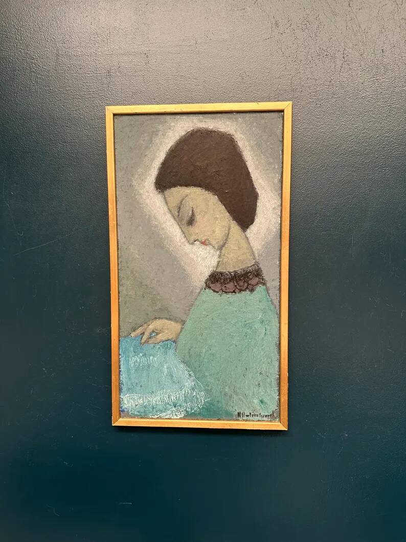 Original Swedish oil on canvas – "Lady" by Helge Holmlund – Signed – vintage and framed – 65 × 36.5 cm (25.6" × 14.4")