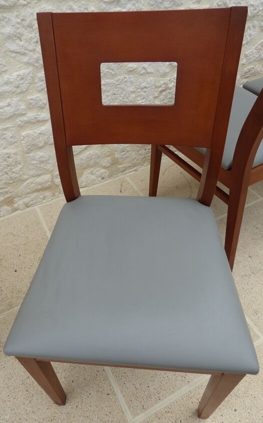 Set of 6 cherry wood style chairs with gray imitation leather seat