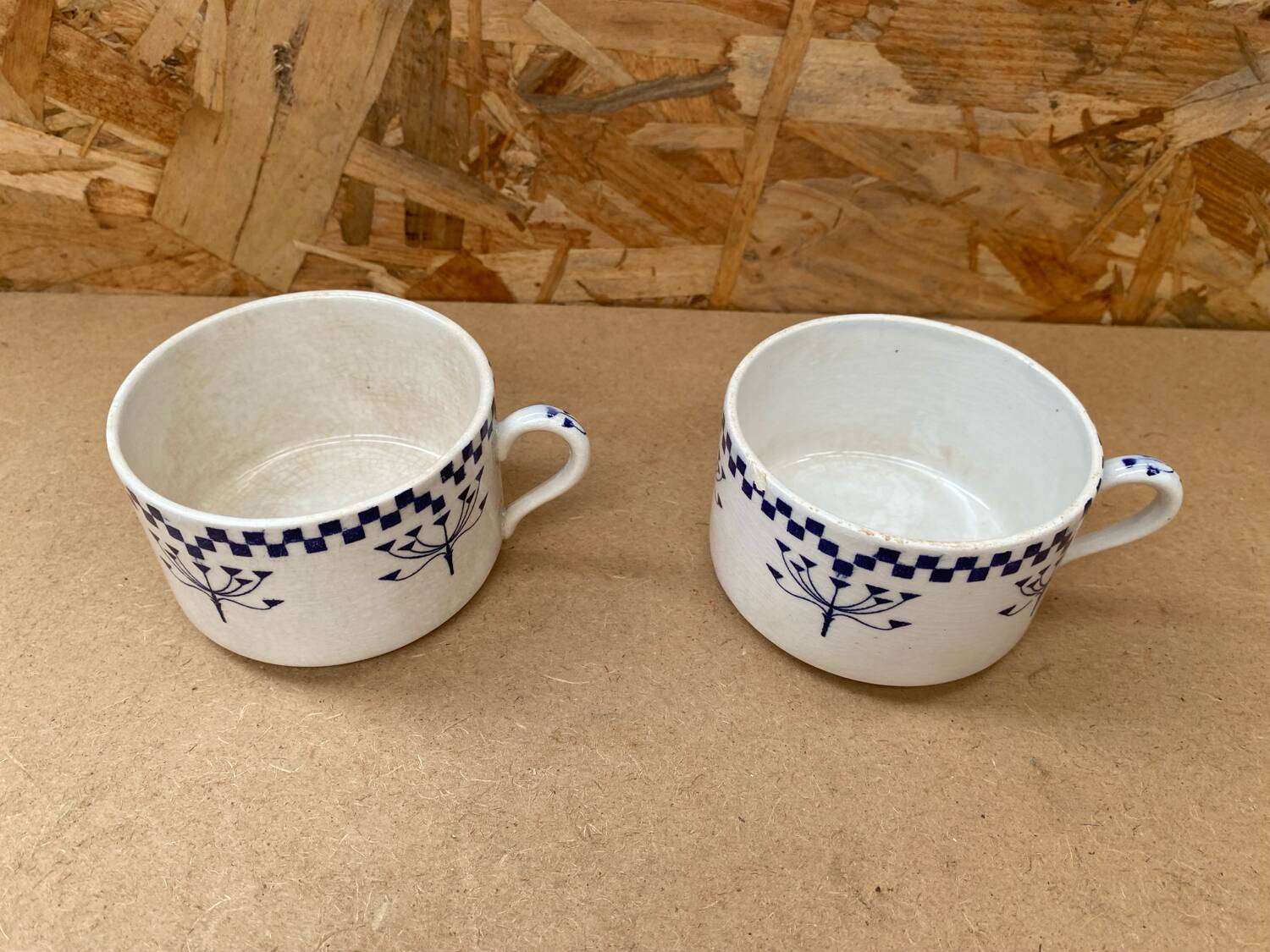 Pair Antique Creil & Montereau Mug Checkerboard Pattern Ceramic France