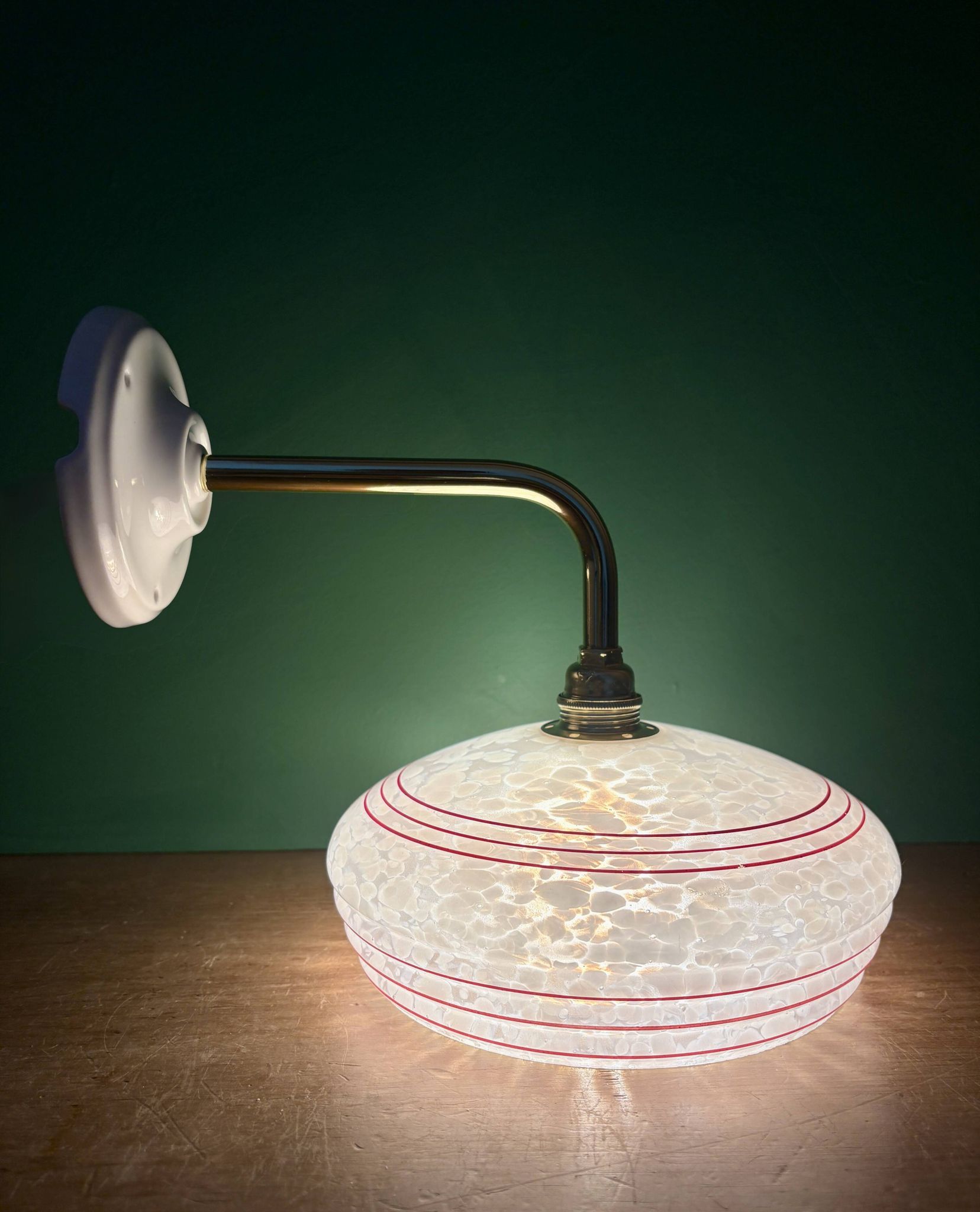 Vintage angled wall lamp with white clichy glass shade and red edging