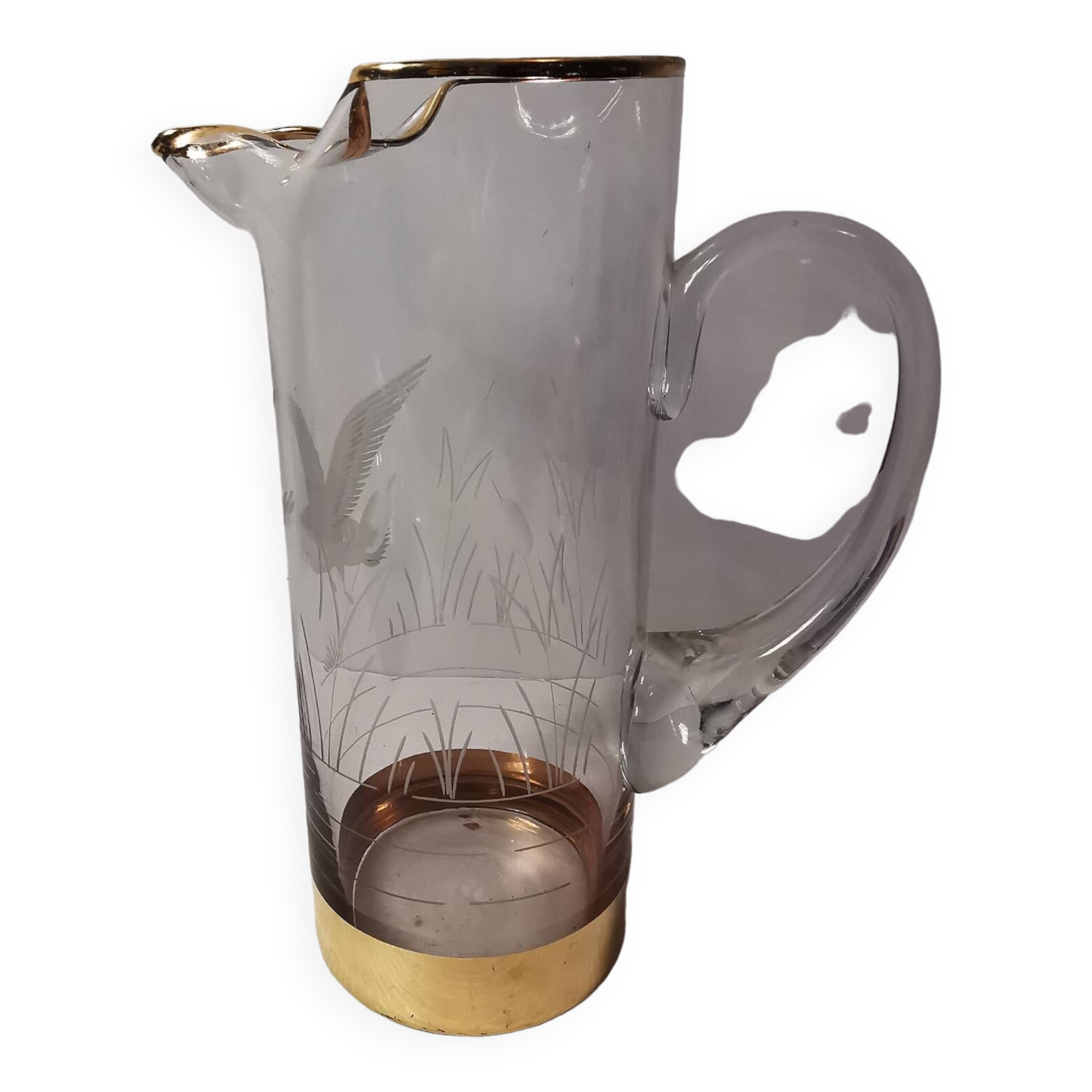 Vintage Engraved Glass & Crystal Pitcher with Duck and Reeds, Gilding