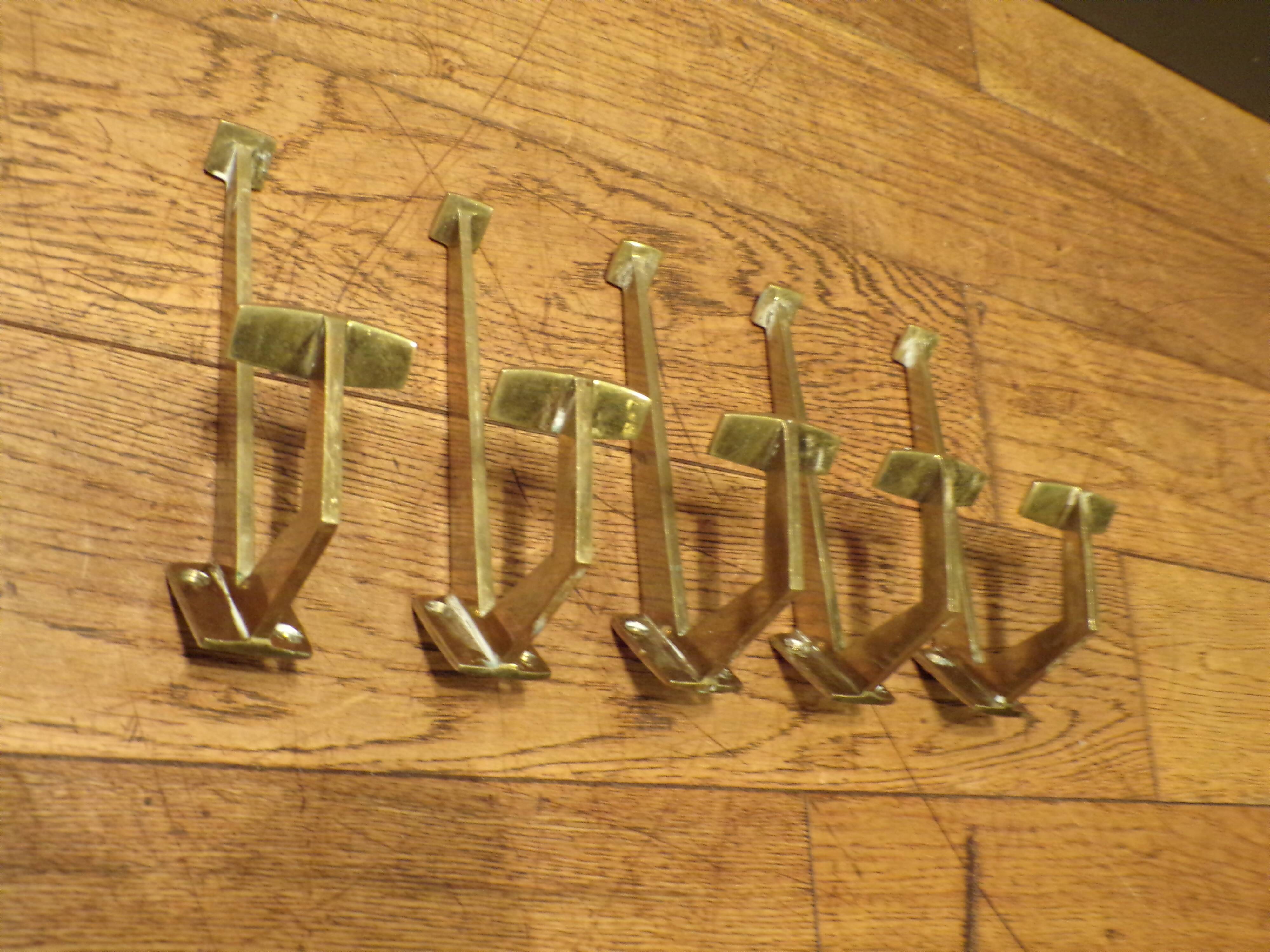 set of 5 1930 brass coat hooks