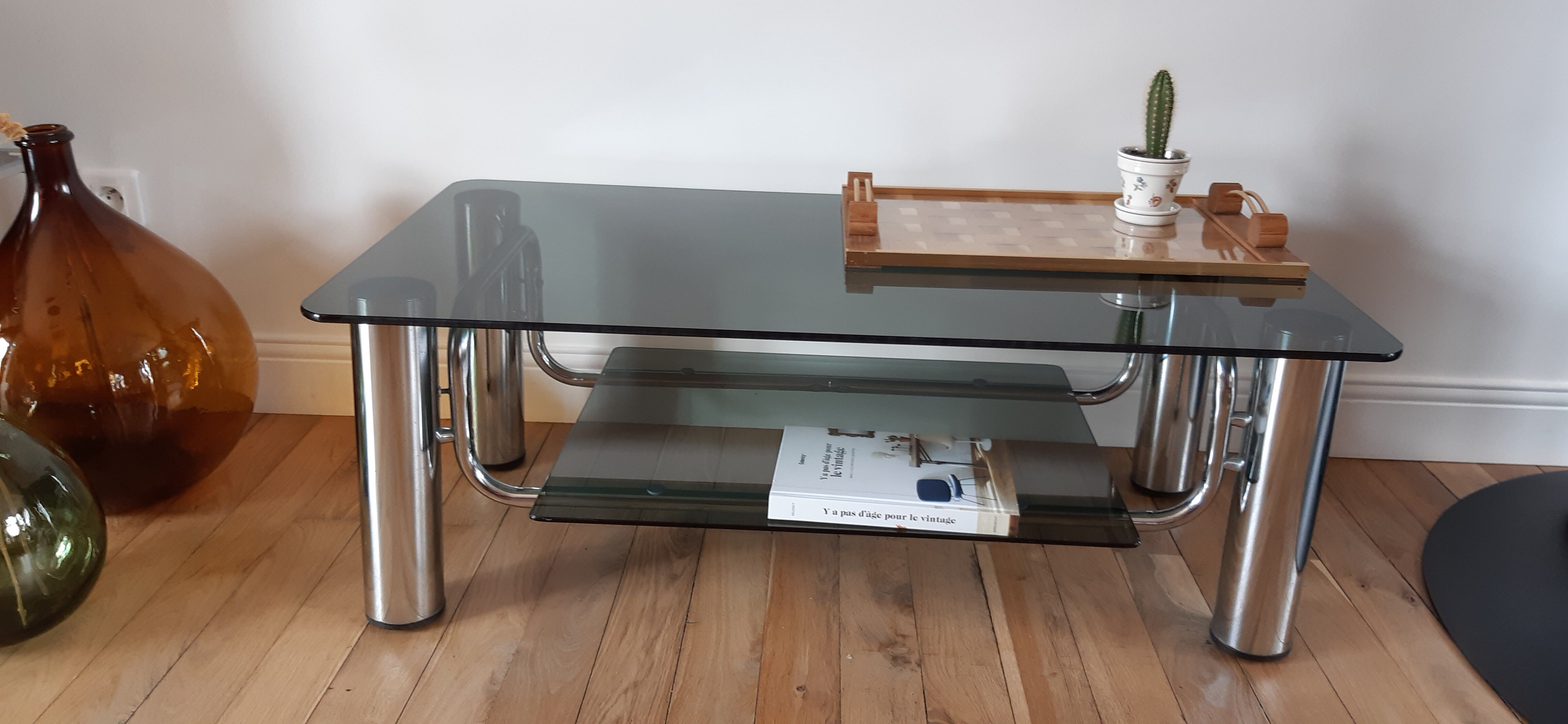 Smoked glass coffee table and chrome legs 70s