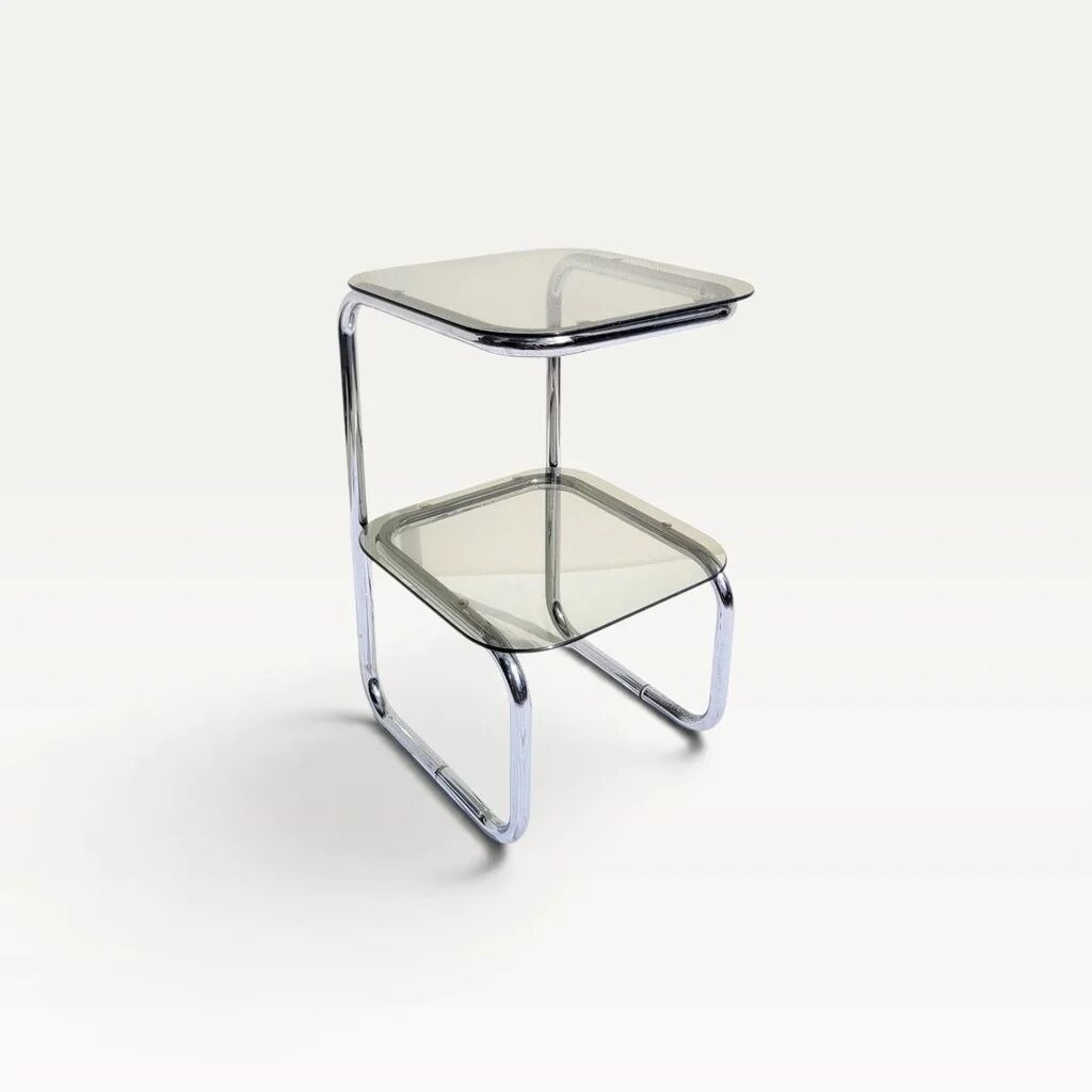 Vintage 1970s side table in chrome metal and smoked glass.