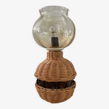 Lampe vintage en rotin et verre