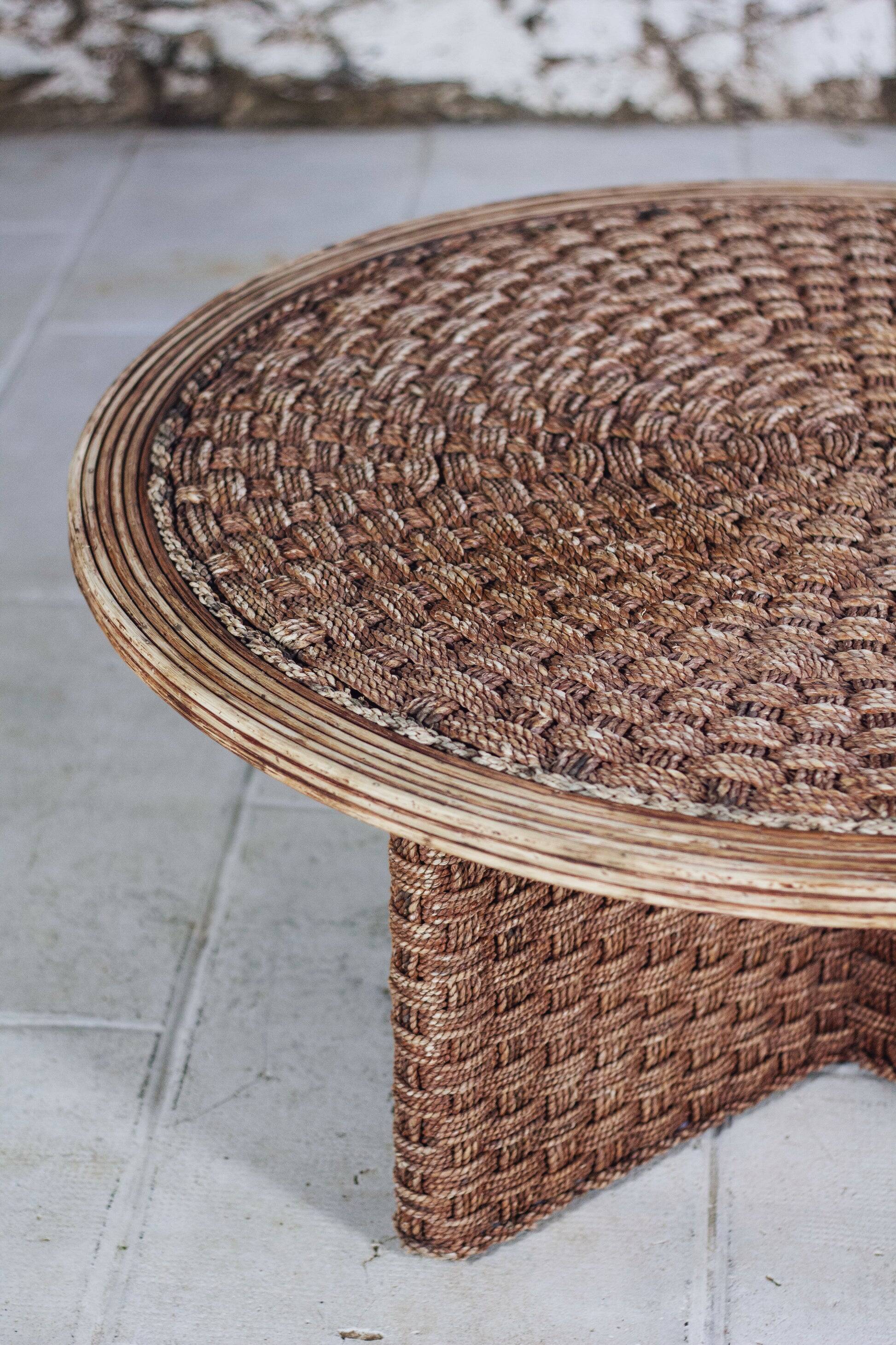Round coffee table in braided cord and rattan, 1970.