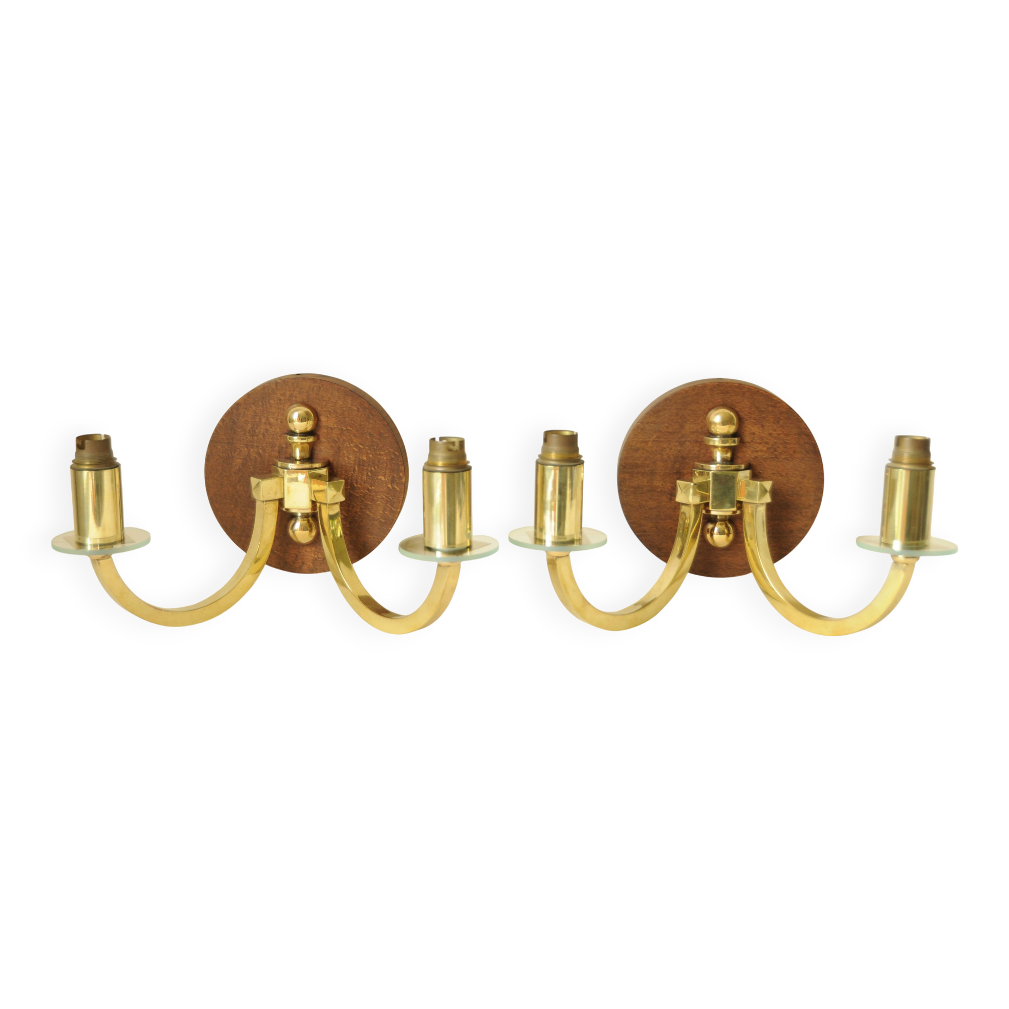 Pair of vintage wall sconces in polished gold brass, wood and glass
