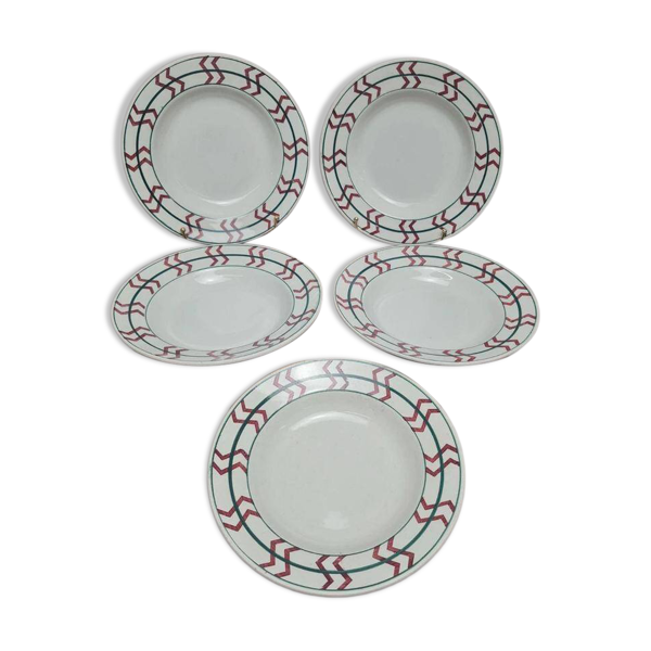 Lot de 5 assiettes creuses Moulin des Loups modèle FTI20 en terre de fer, décor graphique vintage