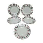 Set of 5 deep plates Moulin des Loups model FTI20 in ironstone, vintage graphic design.