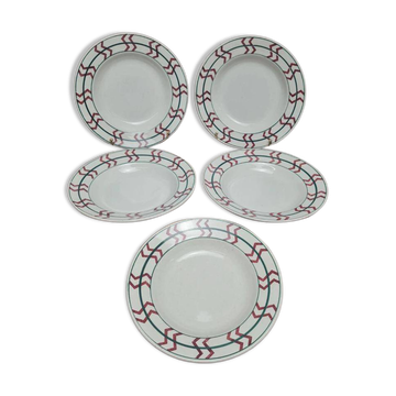 Set of 5 deep plates Moulin des Loups model FTI20 in ironstone, vintage graphic design.