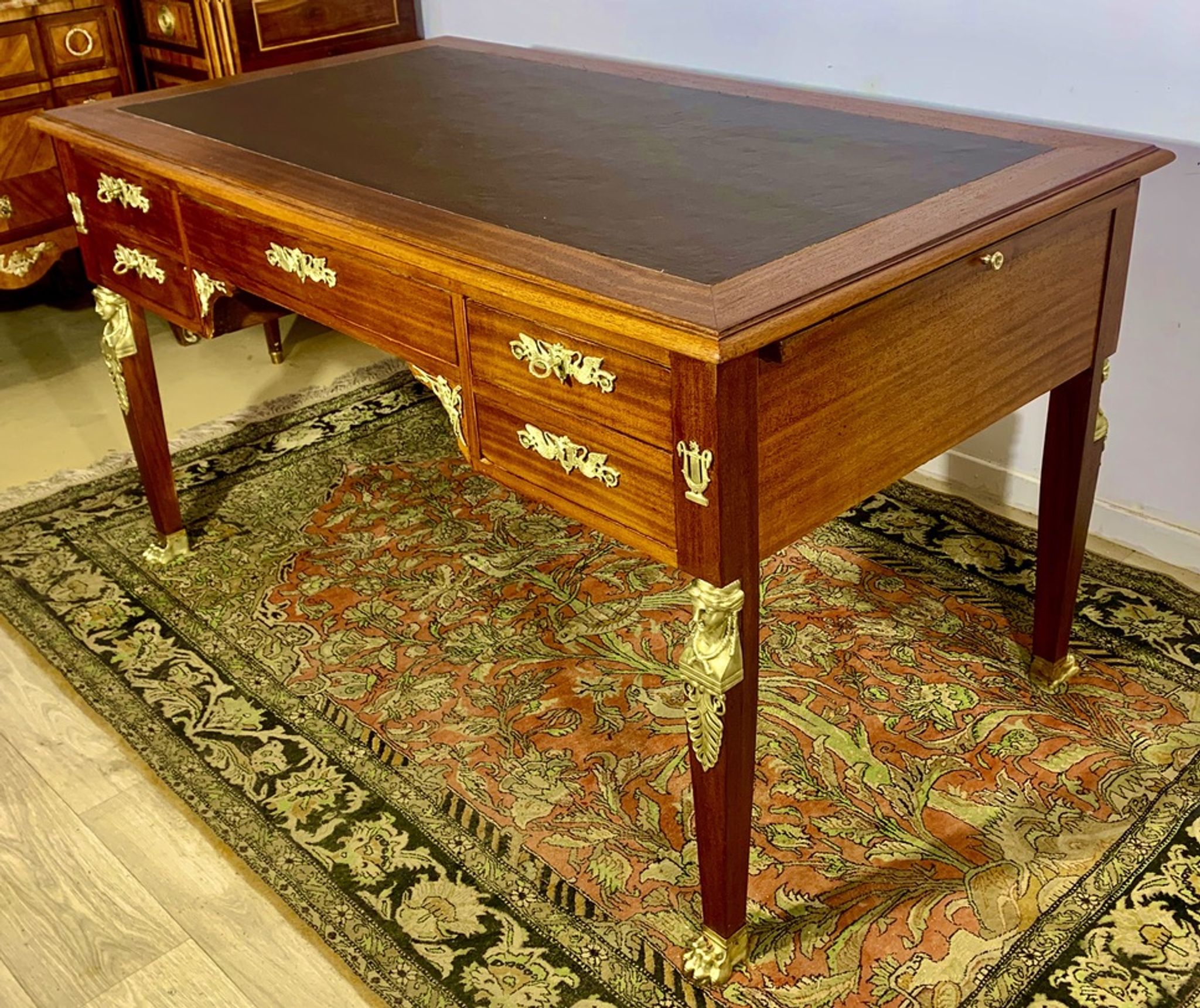 Empire style desk return from egypt double sided in mahogany and gilded bronzes year 1900