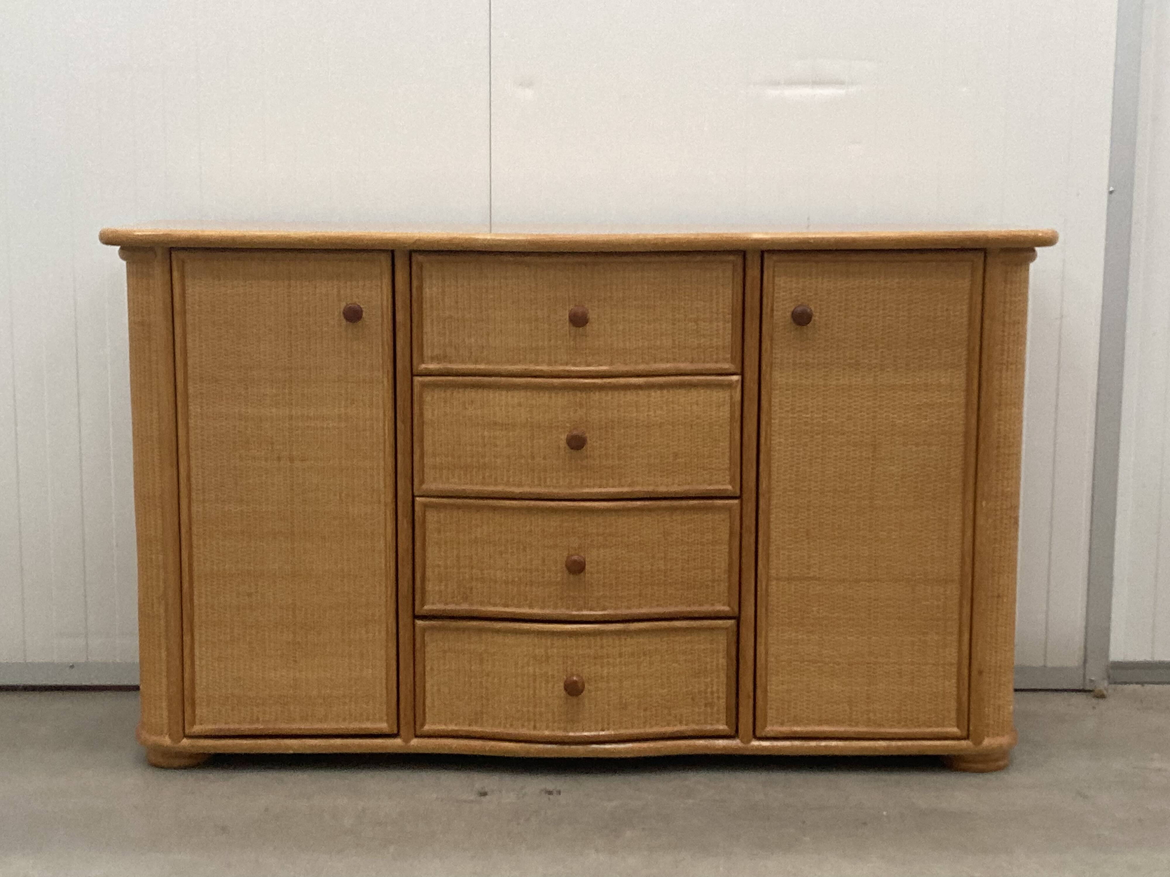 Vintage rattan sideboard with curved drawers, 1970s