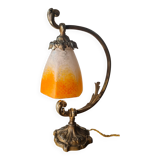 Old art nouveau bronze lamp and pretty hexagonal tulip 37x22