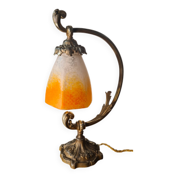 Old art nouveau bronze lamp and pretty hexagonal tulip 37x22