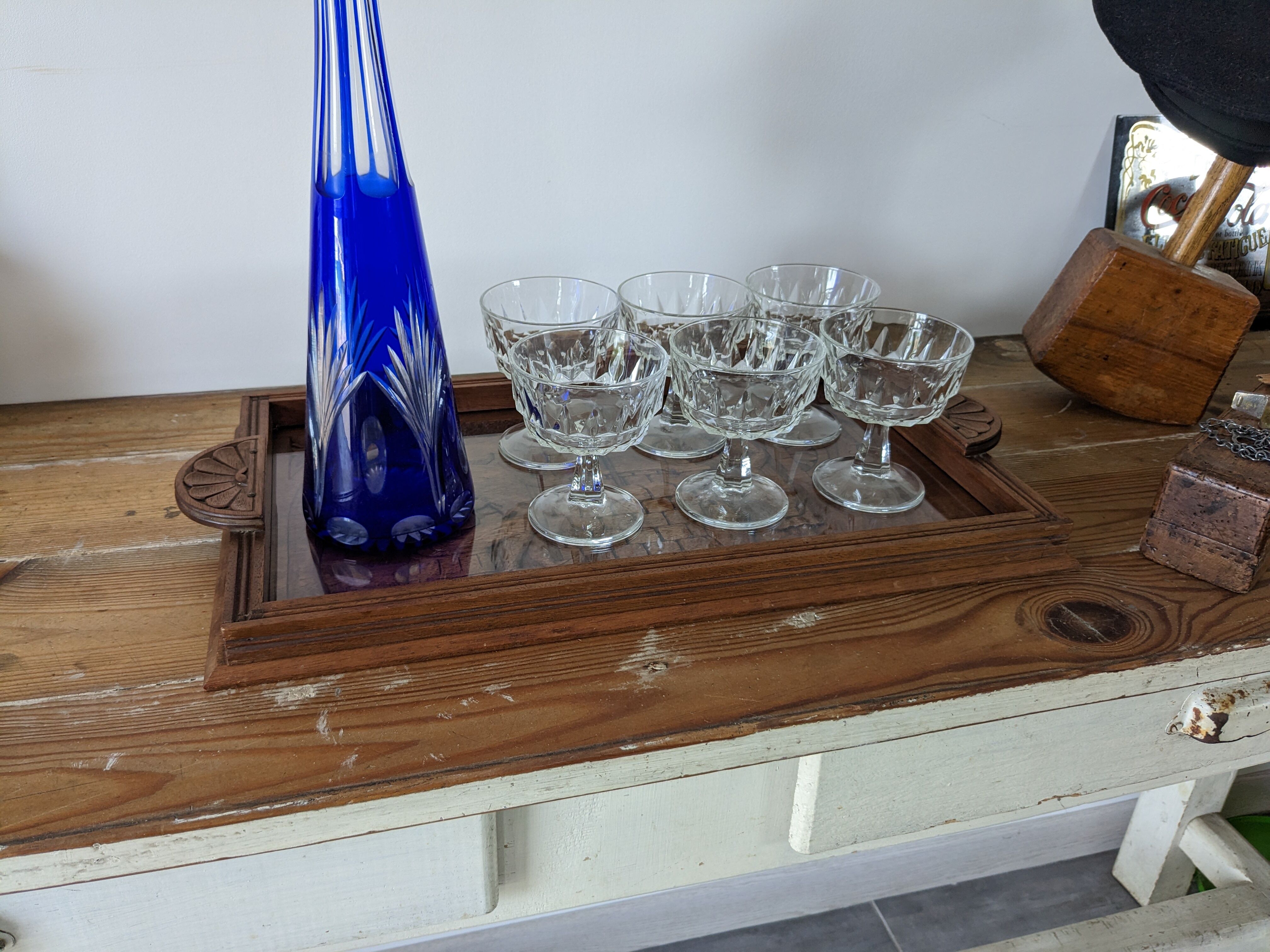 Vintage wooden serving tray signed Souron