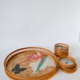 tray and 5 coasters in bamboo and taxidermy butterflies 1970