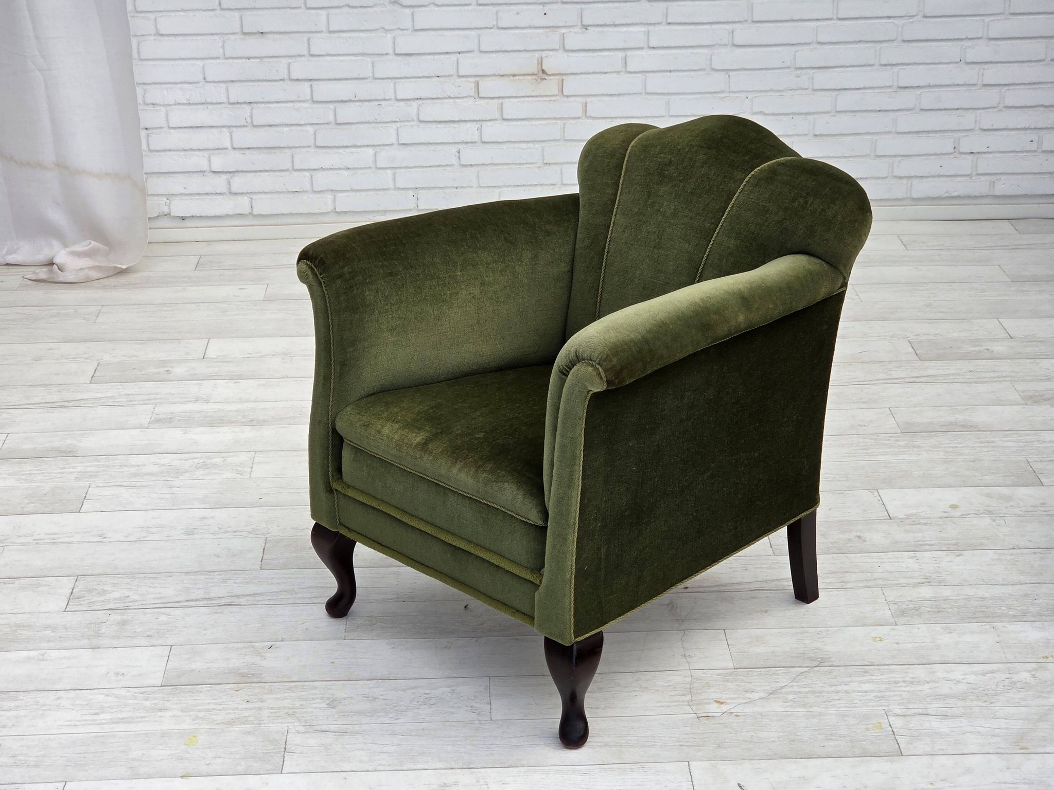 1950s, Danish armchair, green furniture velour, ash wood legs.