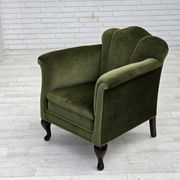 1950s, Danish armchair, green furniture velour, ash wood legs.