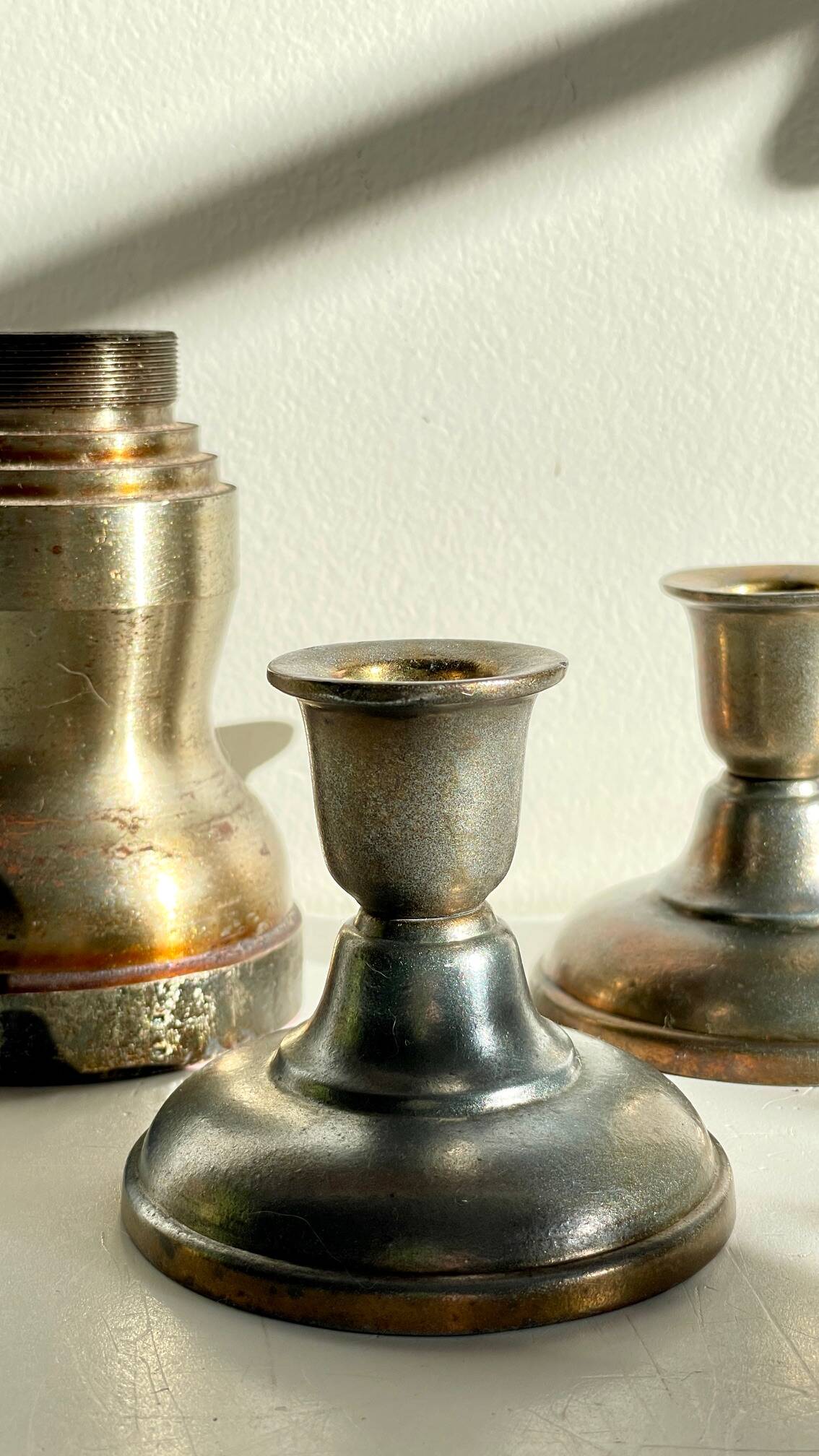 Industrial candle holders steel and silver bronze vintage