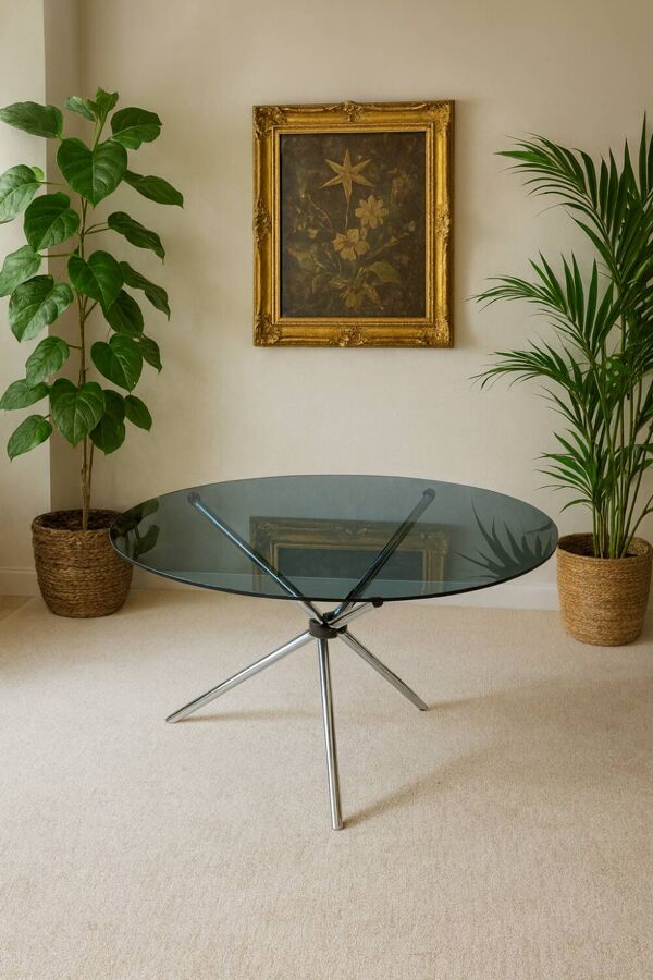 Table rond en métal chromé dessus verre fumé des années 70