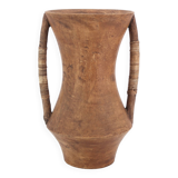 Large wooden vase, handles covered with wicker, 70s jar