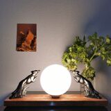 Art deco lamp, marble, globe, opaline and greyhounds in regulation, 1930