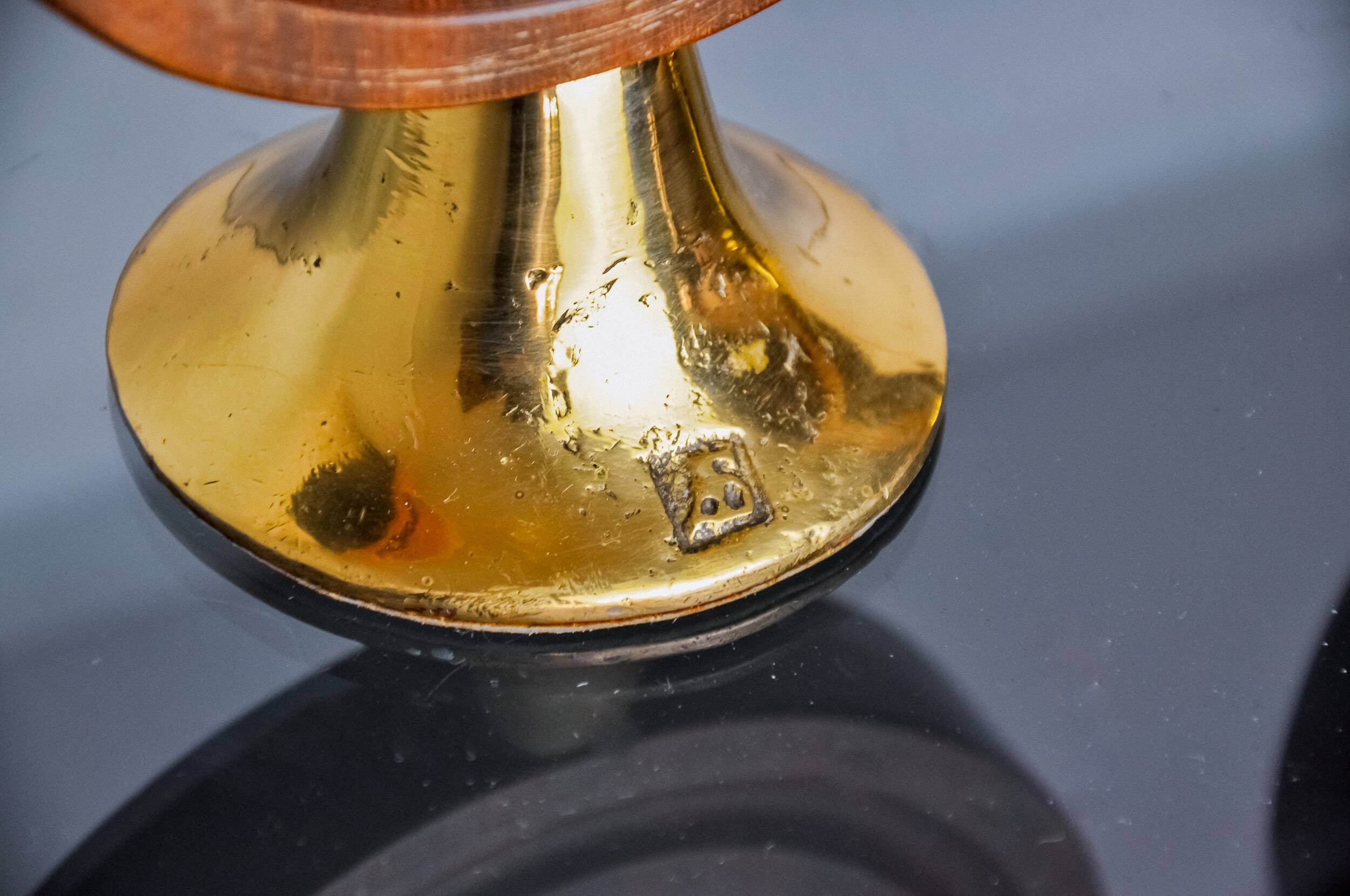 Pair of brutalist candlesticks by Ardisur, bronze and wood, Spain, 1970