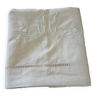 Pure linen canvas sheet/tablecloth/curtain "Blue flower"