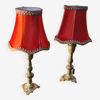 small pair of 70s bronze bedside lamps with red silk style lampshade, double, 29x14