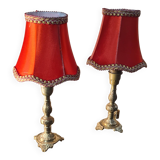 small pair of 70s bronze bedside lamps with red silk style lampshade, double, 29x14