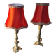small pair of 70s bronze bedside lamps with red silk style lampshade, double, 29x14