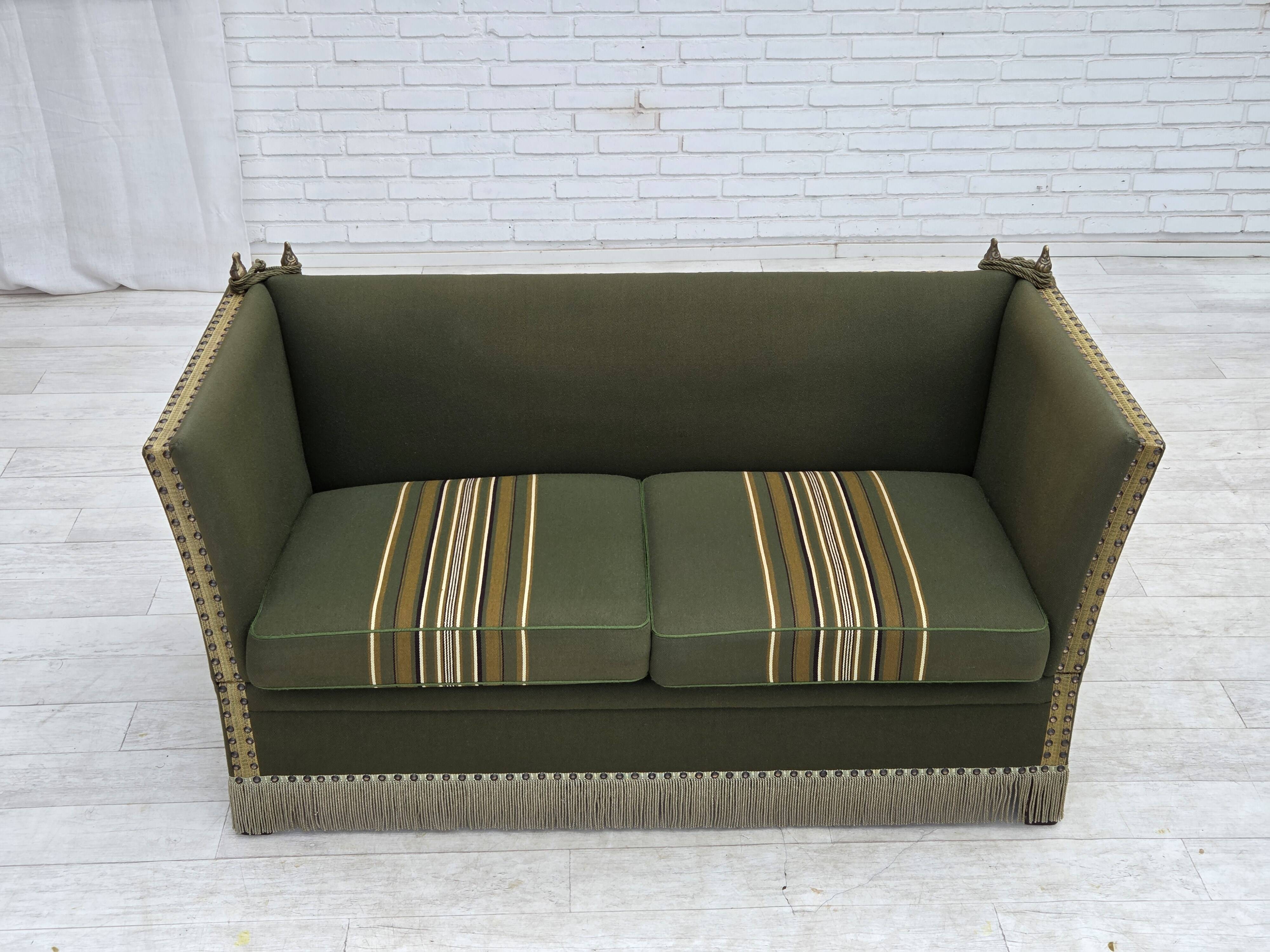 1970s, Danish 2-seater drop arm "Spanish" sofa, furniture wool.