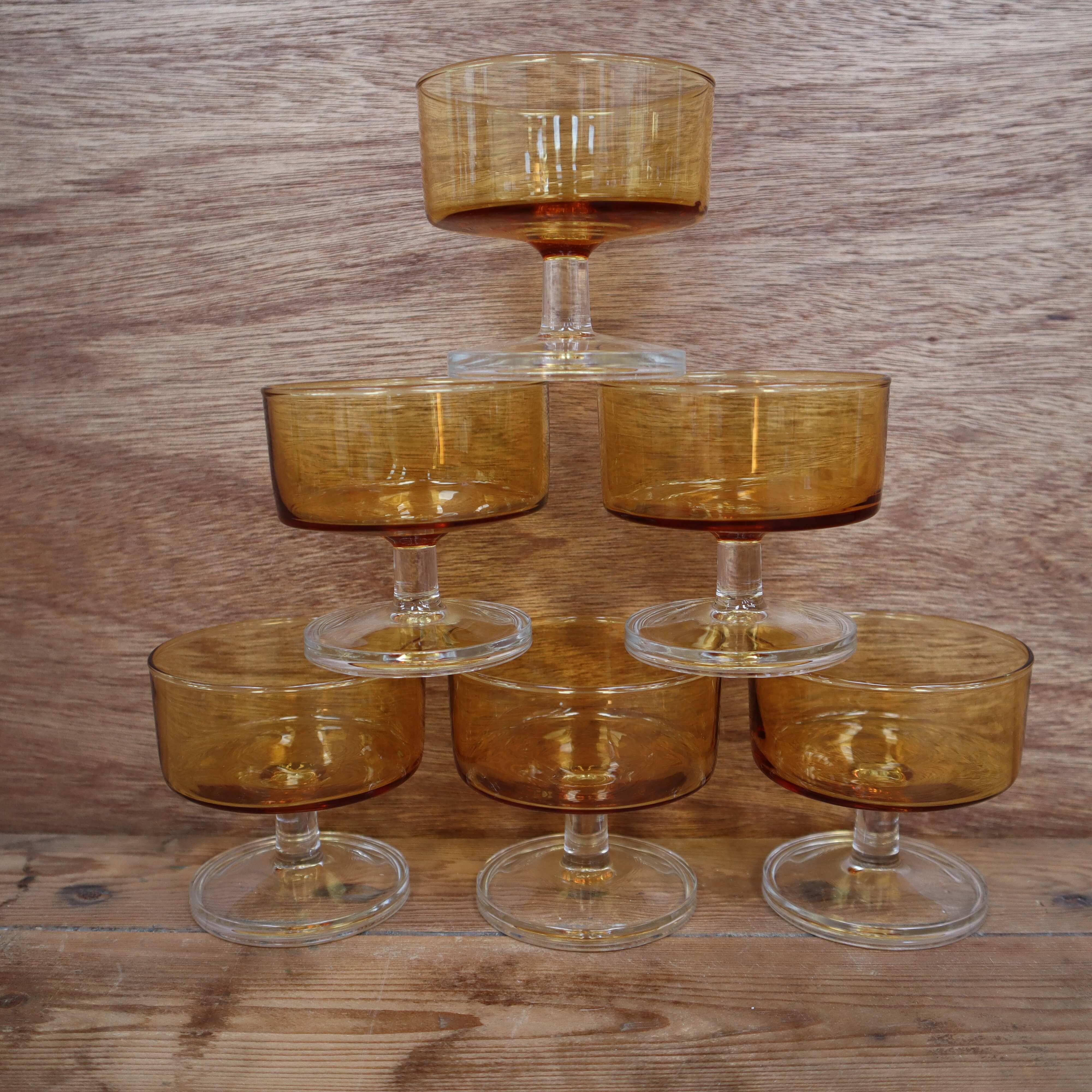 Lot of 6 Luminarc 70's amber champagne glasses