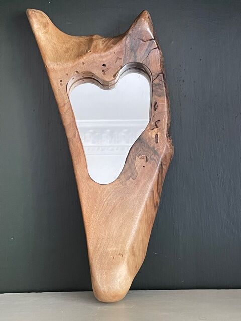 Brutalist mirror made of olive wood