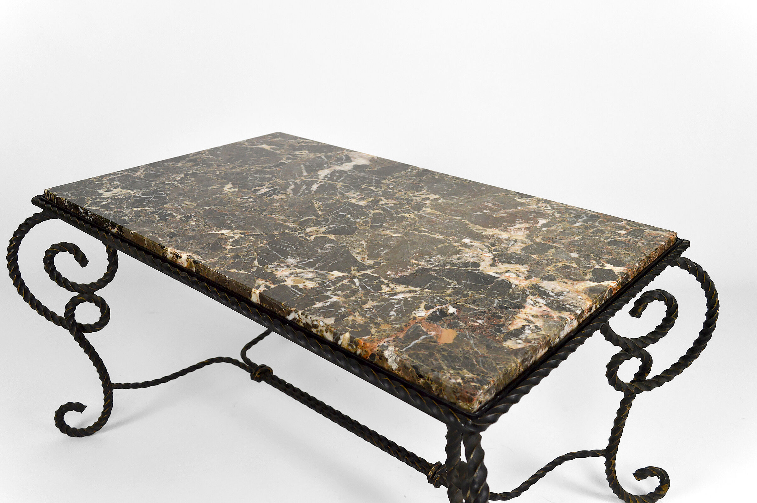 Coffee table in patinated wrought iron and marble, circa 1940