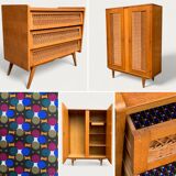 Rattan wardrobe and its compass-legged chest of drawers, 1960